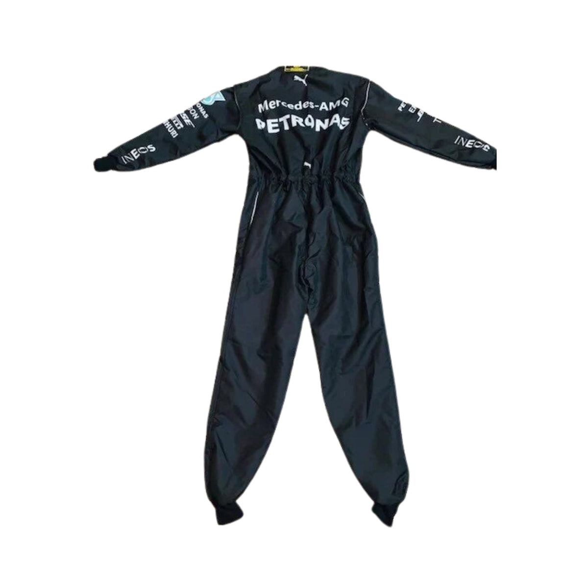 Rear view of George Russell’s 2023 F1 racing suit, focusing on the back design with sponsor branding and detailing for maximum flexibility and comfort.