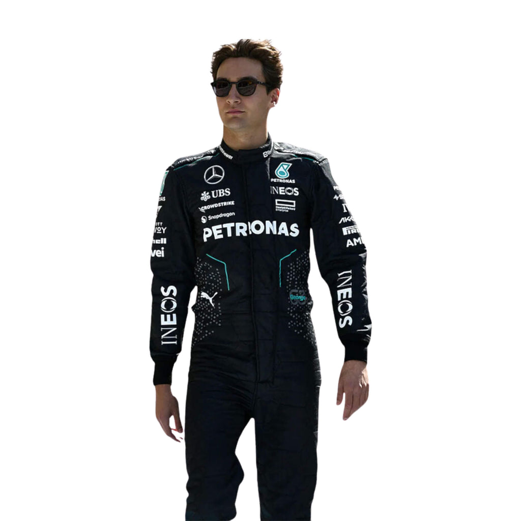 Detailed close-up of fabric texture and stitching on George Russell’s 2024 motorsport suit, highlighting durability, breathability, and bold race elements.