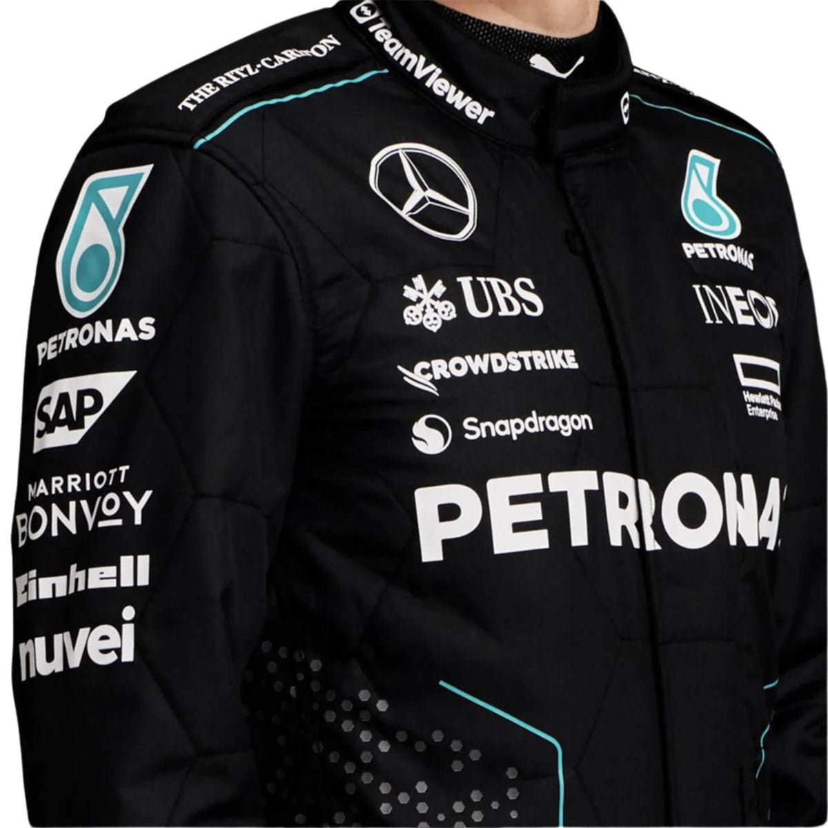 Detailed close-up of fabric texture and stitching on George Russell’s 2024 motorsport suit, highlighting durability, breathability, and bold race elements.