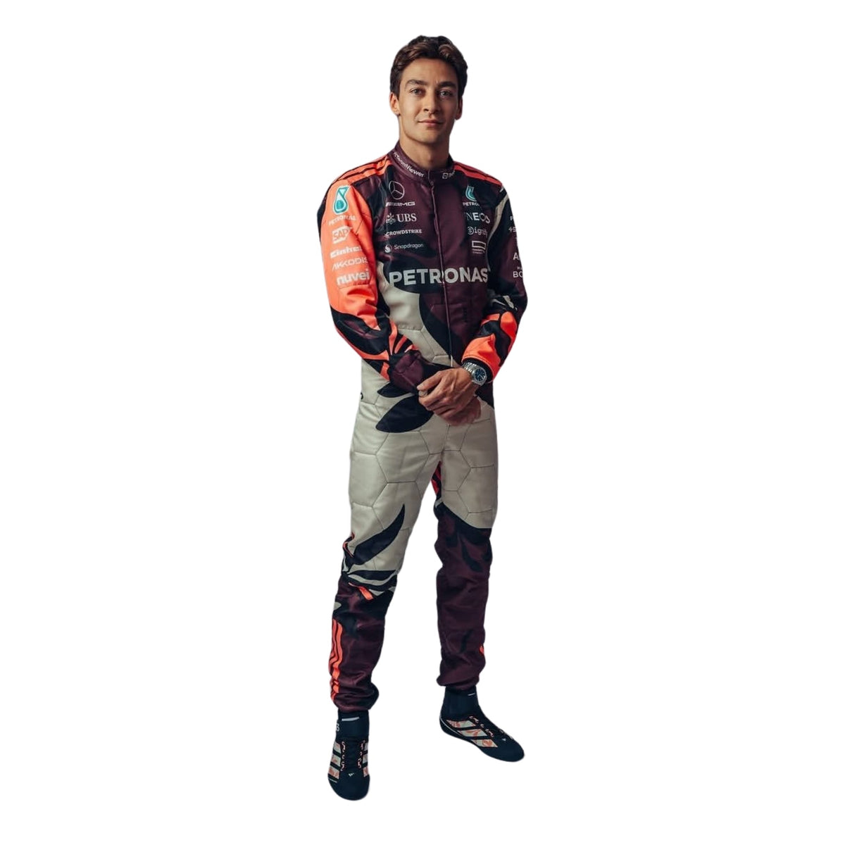 Front view of George Russell 2025 Miami GP F1 racing suits featuring modern aerodynamic tailoring, tropical-inspired graphics, and race-ready detailing. Main image