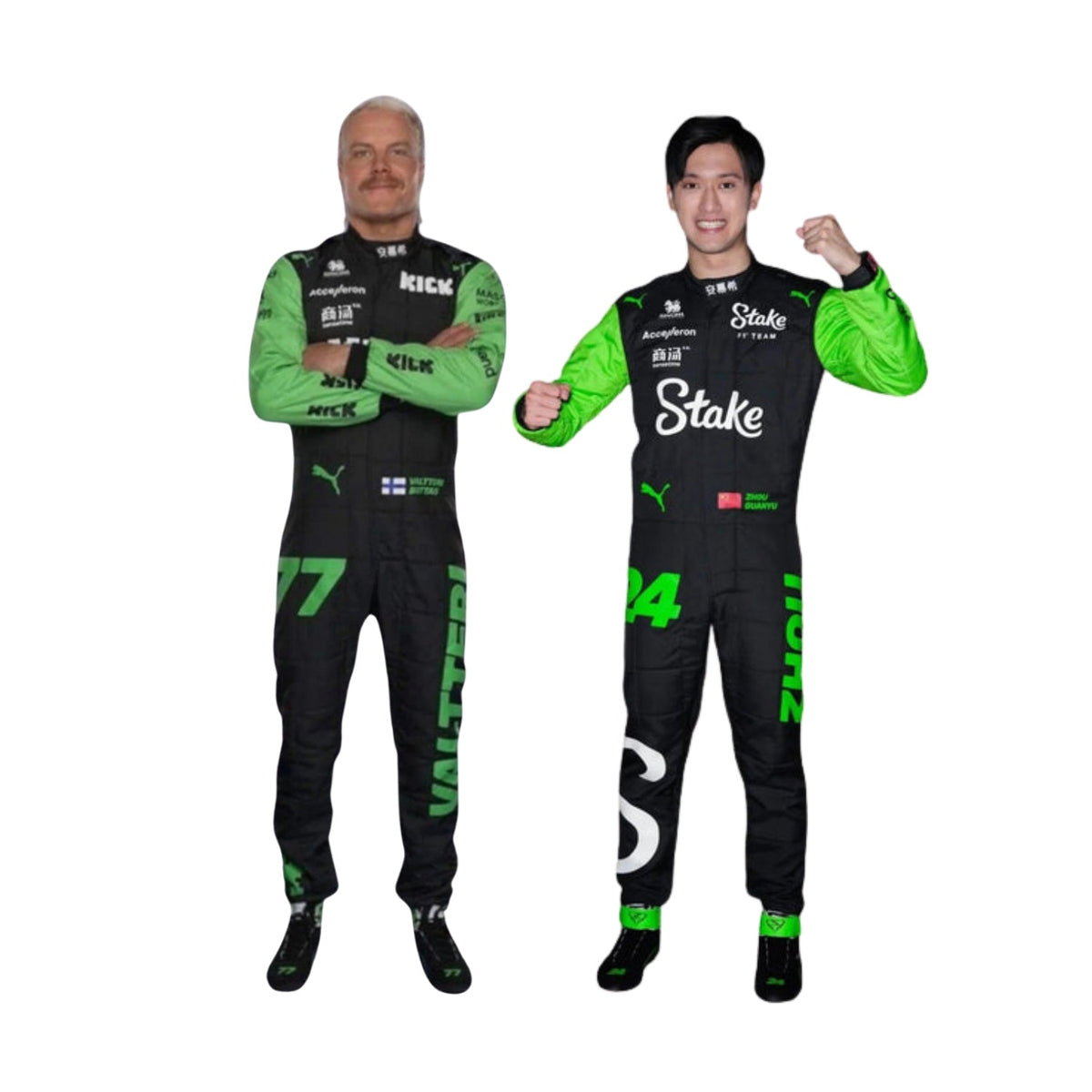 Front view of Zhou Guanyu's And Valtteri Bottas 2024 Kick Sauber F1 racing suit in black with neon green sleeves and accents, showcasing a modern design. Main image