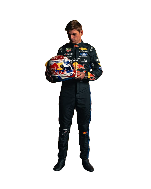 Front view of 2026 F1 racing costume worn by Max Verstappen featuring aggressive contour lines, dynamic stretch zones, and precision sponsor placement in deep navy and crimson tones in speedxgear 