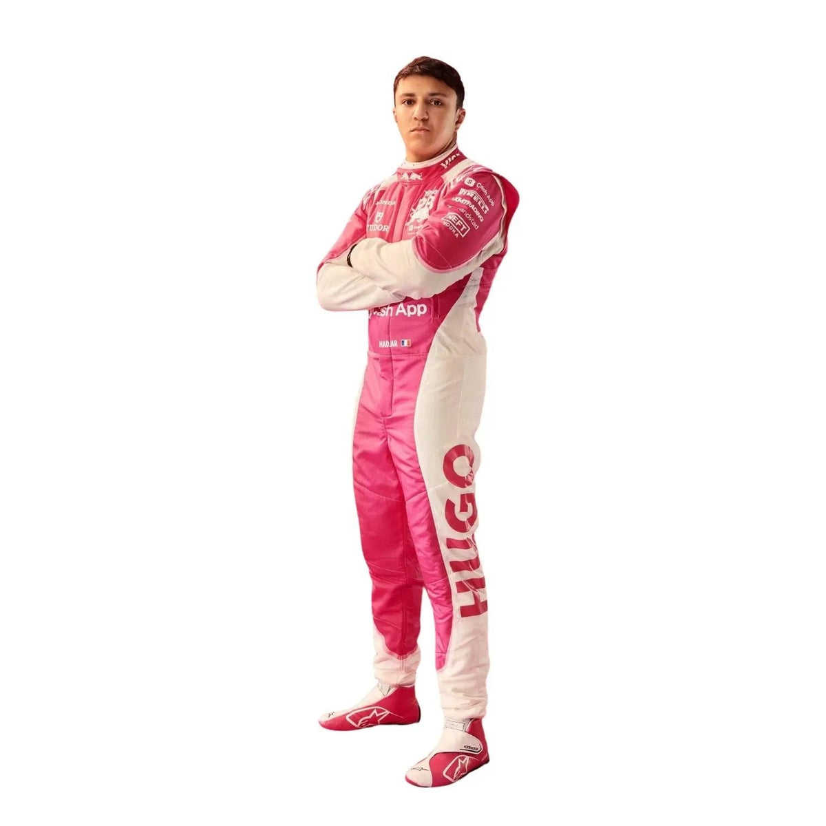 Isack Hadjar wearing the 2025 Miami GP F1 race suit, featuring a bold magenta and white color combination with a sharp, athletic fit. Main image