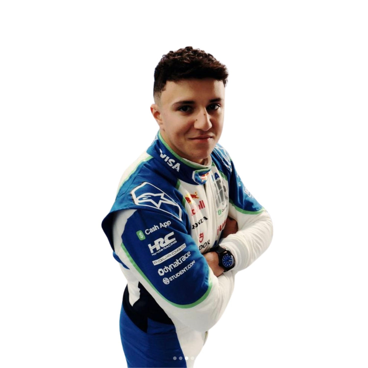 Close-up of Isack Hadjar's 2025 F1 race suit, displaying the intricate white fabric with blue and green accents and detailed sponsor logos. Main image