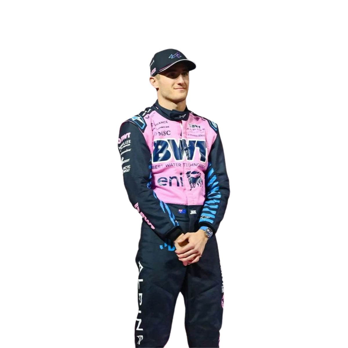 Front view of Jack Doohan 2025 F1 racing suit featuring bold styling, vibrant colors, and fire-resistant, lightweight fabric.

 Main image