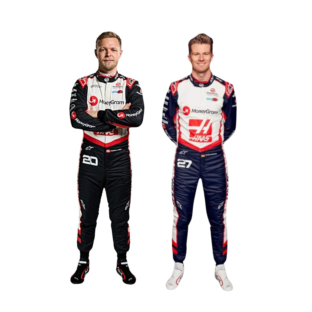 Front view of Kevin Magnussen's and Nico Hulkenberg 2024 F1 racing suit in red, white, and black, showcasing a modern design with sponsor logos. Main image