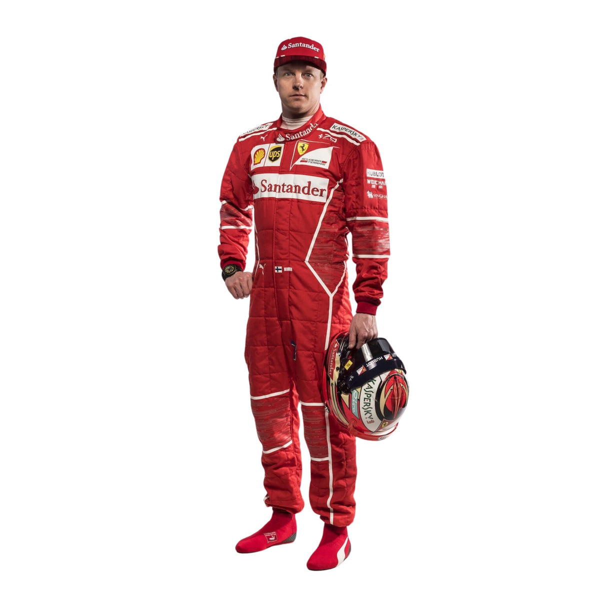 Kimi Raikkonen 2017 F1 racing suit front view, featuring Ferrari team branding and sponsor logos, designed for aerodynamic precision during high-speed races. Main image