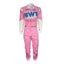 Front view of Lance Stroll 2020  F1 suit – vibrant pink and green design 