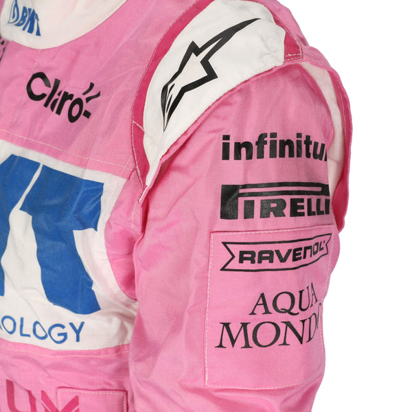 Close up view of shoulder Lance Stroll 2020  F1 suit – sharp image showcasing the bold pink and green color