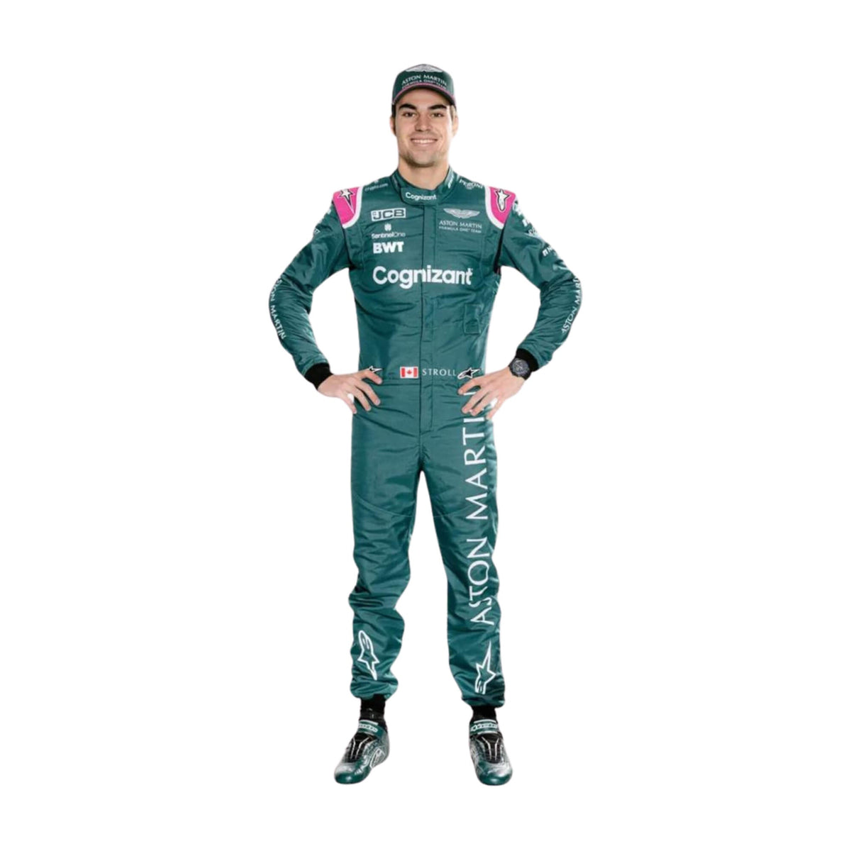 2021 Lance Stroll F1 Racing Suit Front View, Signature Green Shade, Zipper Closure, Sponsor Branding Main image