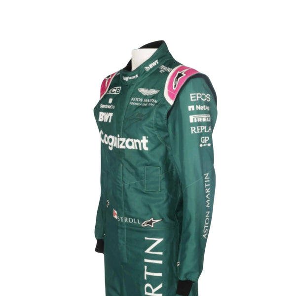 2021 Lance Stroll F1 Racing Suit Side View, Arm Strip Detailing, Sponsor Logos, Streamlined Paneling