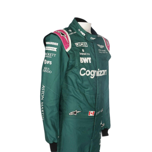 2021 Lance Stroll F1 Racing Suit Side View, Arm Strip Detailing, Sponsor Logos, Streamlined Paneling
