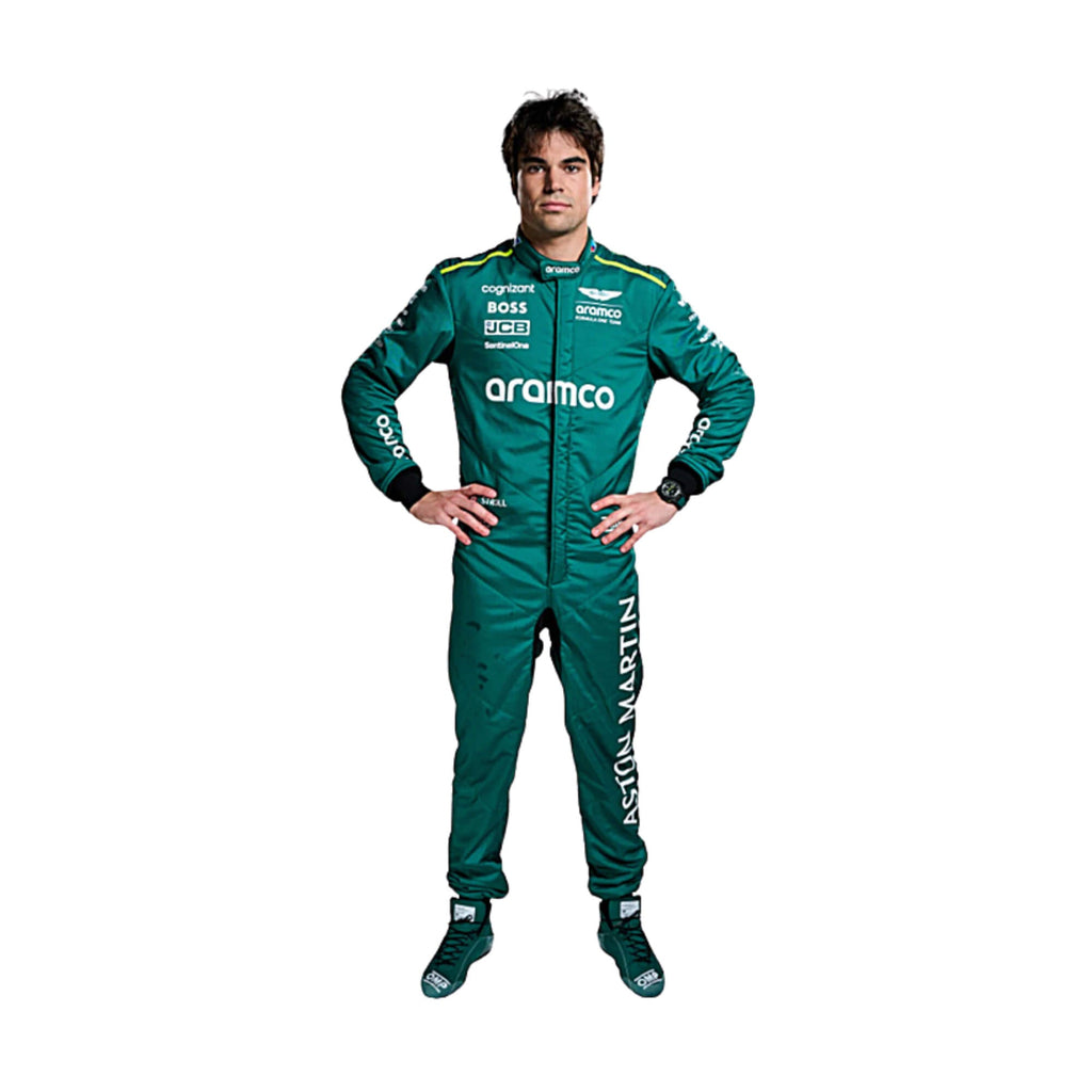 Lance Stroll standing confidently in his 2024 Formula 1 racing suit, front view showcasing a deep green base with contrasting black panels