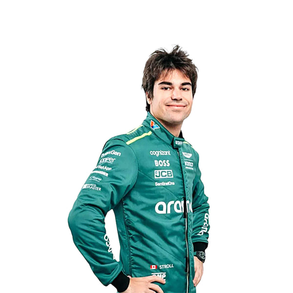 Right Side profile of Lance Stroll in his 2024 Formula 1 racing suit, displaying the ergonomic fit and the interplay of green and black fabrics, enhanced by sleek silver accents along the side seams.