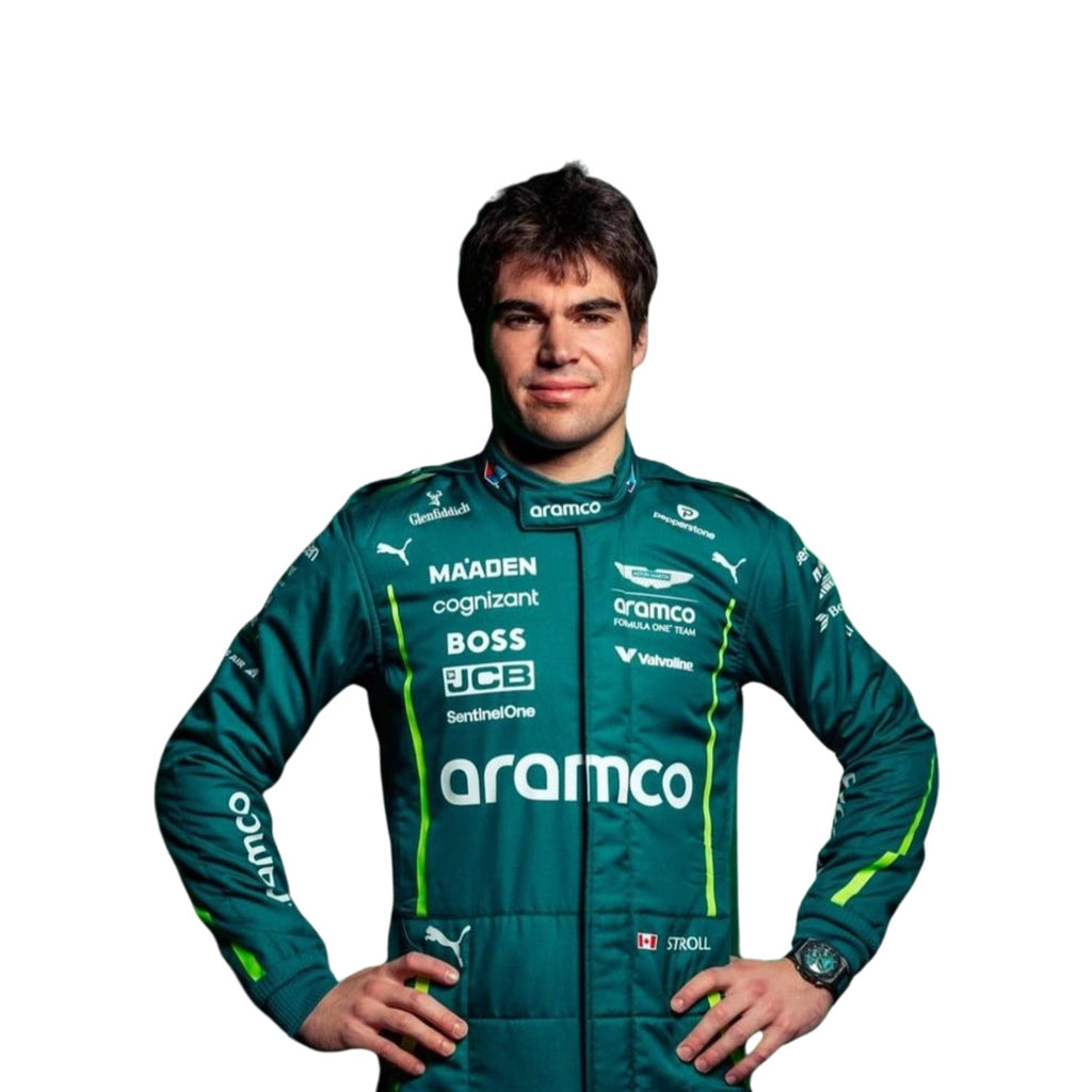 Close-up of premium fabric texture, stitching quality, and logo embroidery on the 2025 F1 driver costume used by Lance Stroll.