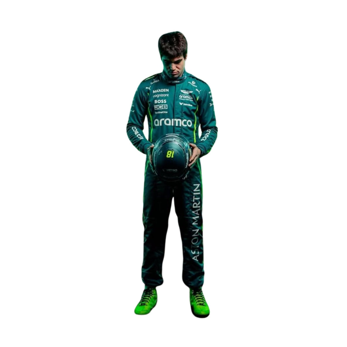 Lance Stroll standing confidently in his 2025 Formula 1 racing suit, front view showcasing a sleek dark green design with subtle black accents, featuring his race number 18 prominently displayed. Main image