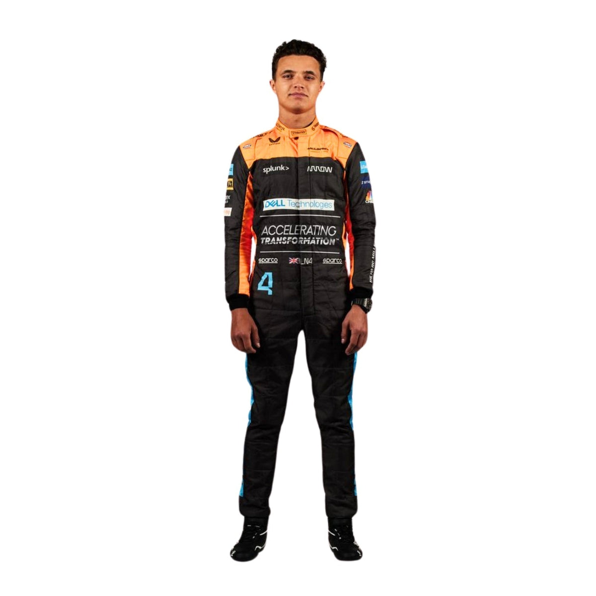 High-resolution image of Lando Norris 2022 suit – orange and blue racing apparel designed for F1 fans and collectors. Main image