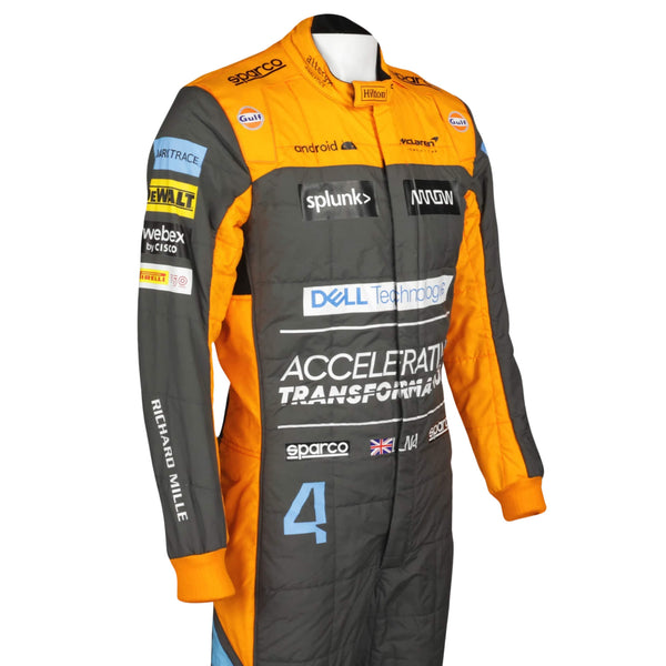 Right Close-up of Lando Norris 2022 racing suit – orange and blue color combination with fine stitching and professional tailoring