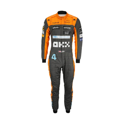 Lando Norris wearing the 2023 F1 racing suit showcasing bold color blocking, intricate detailing, and a sleek driver-specific cut.