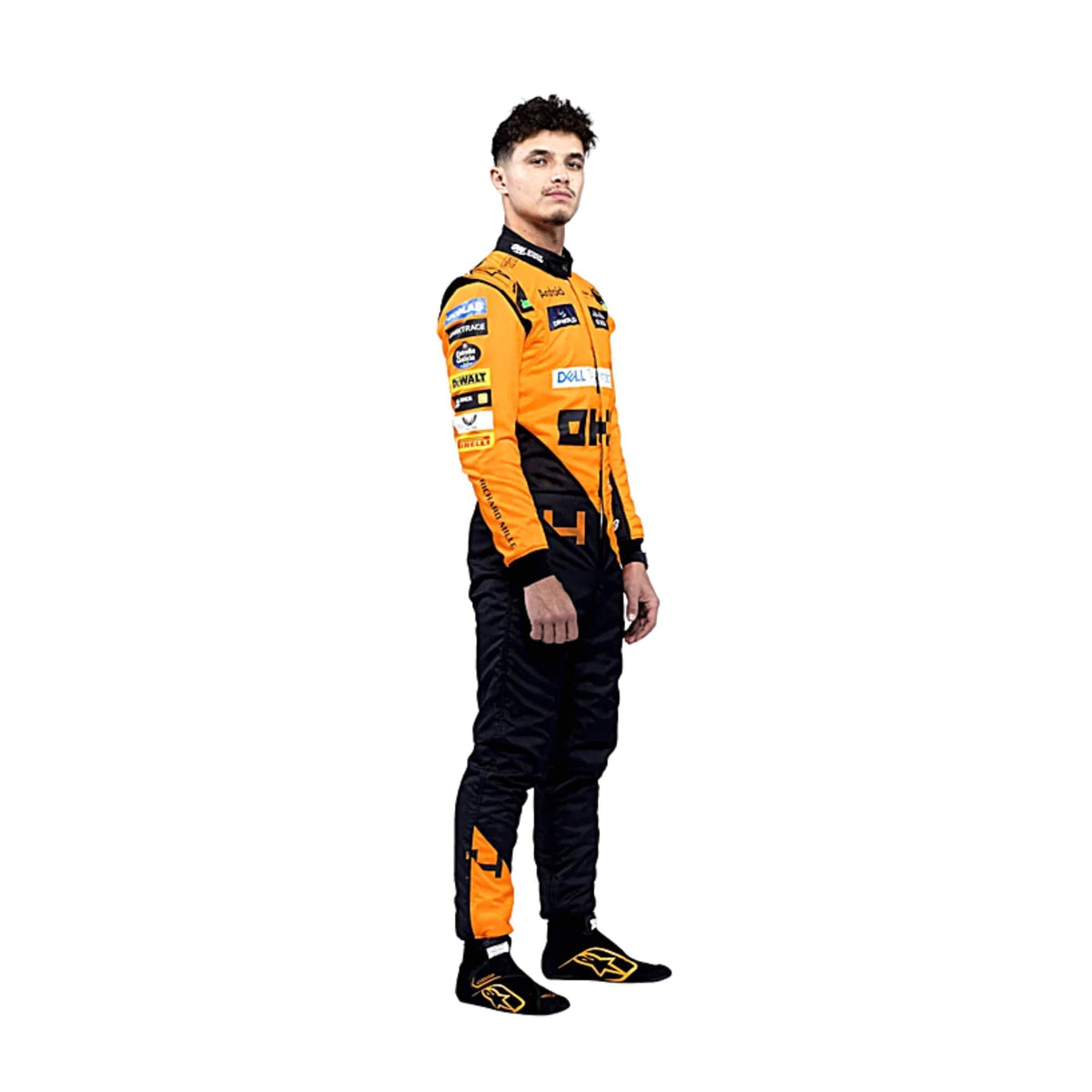 Lando Norris standing confidently in his 2024 Formula 1 racing suit, front view showcasing a vibrant papaya orange base with contrasting black panels and subtle detailing along the chest and arms. Main image