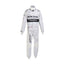 Front view of Lewis Hamilton’s 2014 F1 racing suit in white and teal colors, worn during his championship-winning season showcasing sleek race-ready design.