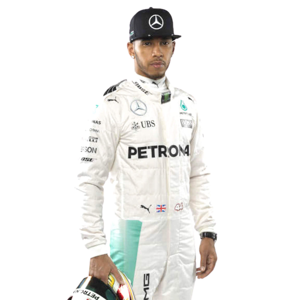 Close-up of the chest area on Lewis Hamilton’s 2017 racing suit, highlighting sponsor logos and high-quality embroidery