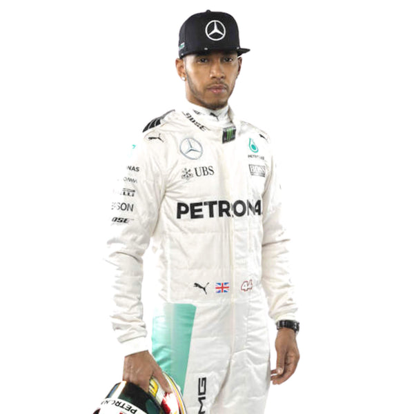 Close-up of the chest area on Lewis Hamilton’s 2017 racing suit, highlighting sponsor logos and high-quality embroidery