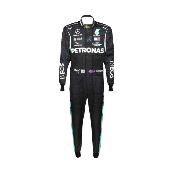 Front view of Lewis Hamilton 2020 F1 racing suit – sleek black design with silver detailing,