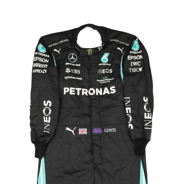 Close-up of Lewis Hamilton 2021 F1 Suit showing fabric texture and embroidery detail