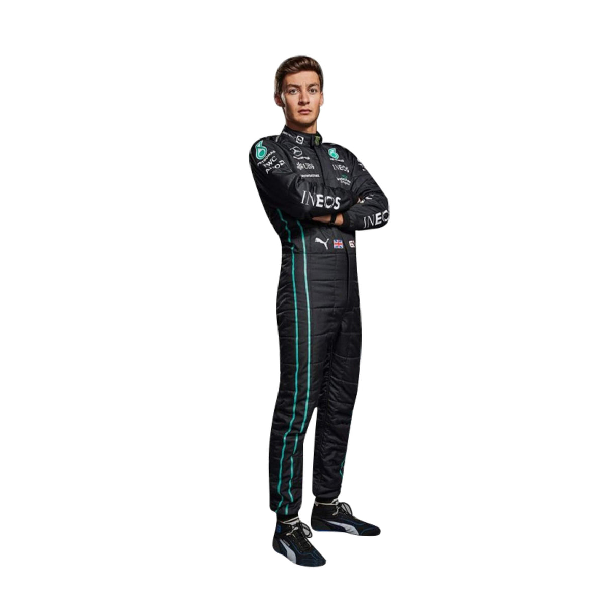 High-resolution image of George Russell 2022 F1 suit – stylish black and turquoise racing outfit for fans and collectors Main image
