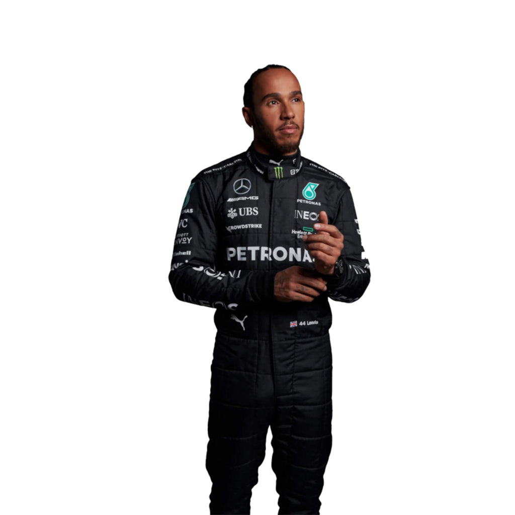 Close-up of Hamilton’s 2023 F1 suit detailing the fabric texture and fine stitching, with clear sponsor placements.