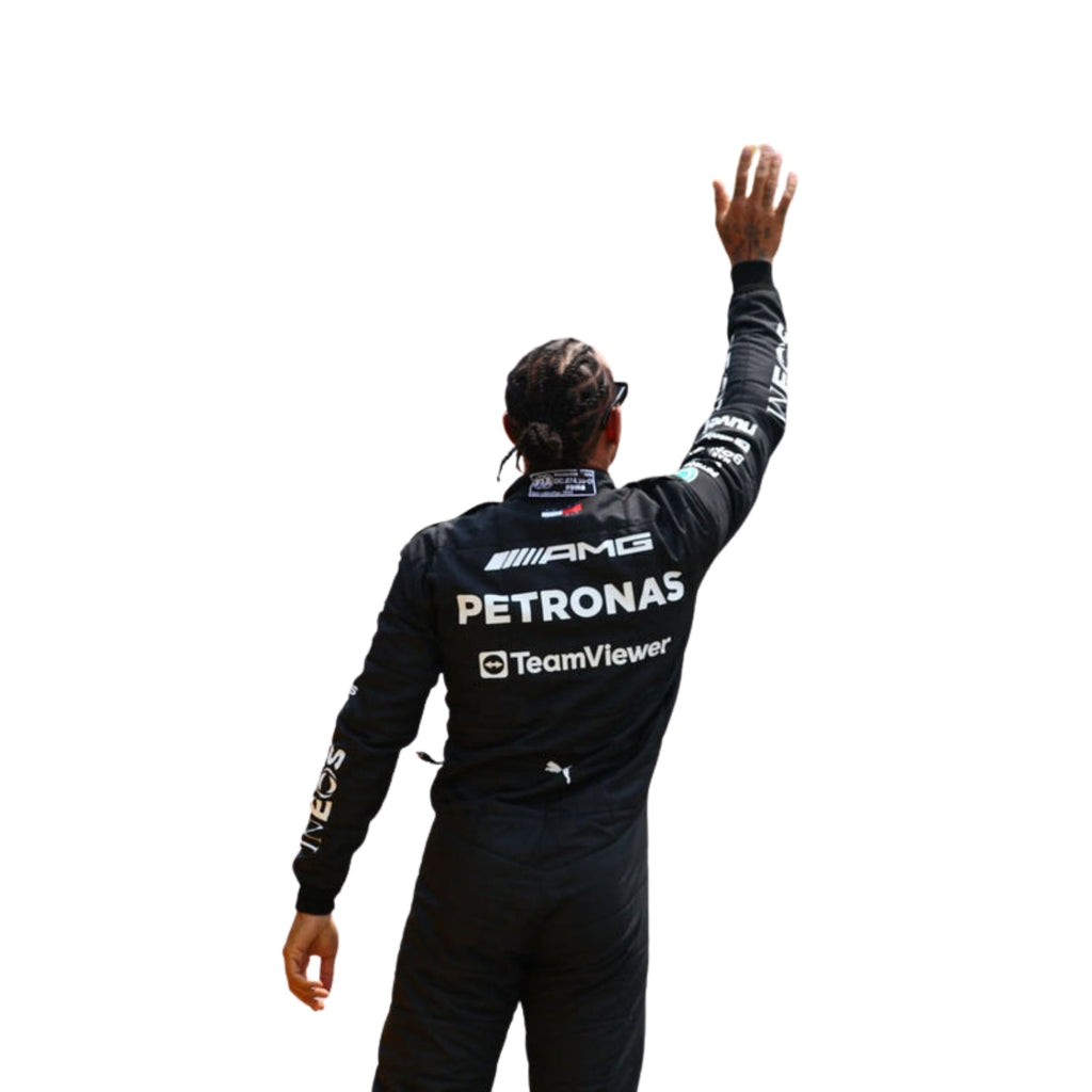  Rear view emphasizing the suit's ergonomic design and logos for optimal movement and comfort during the race.