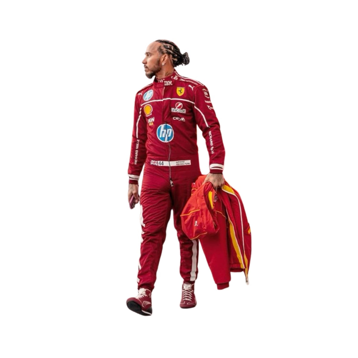 Close-up of the fire-resistant, breathable fabric of Lewis Hamilton 2025 F1 racing suit, highlighting high-quality finish and Ferrari colors.

