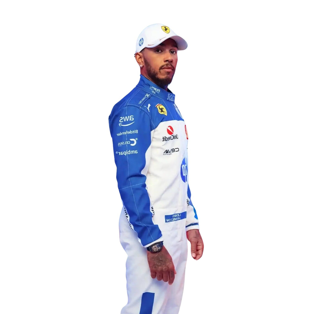 Side Profile of the 2025 F1 racing suits worn by Lewis Hamilton at the Miami GP, showcasing sleek aerodynamic design with tropical-inspired detailing and precision sponsor placement. Main image