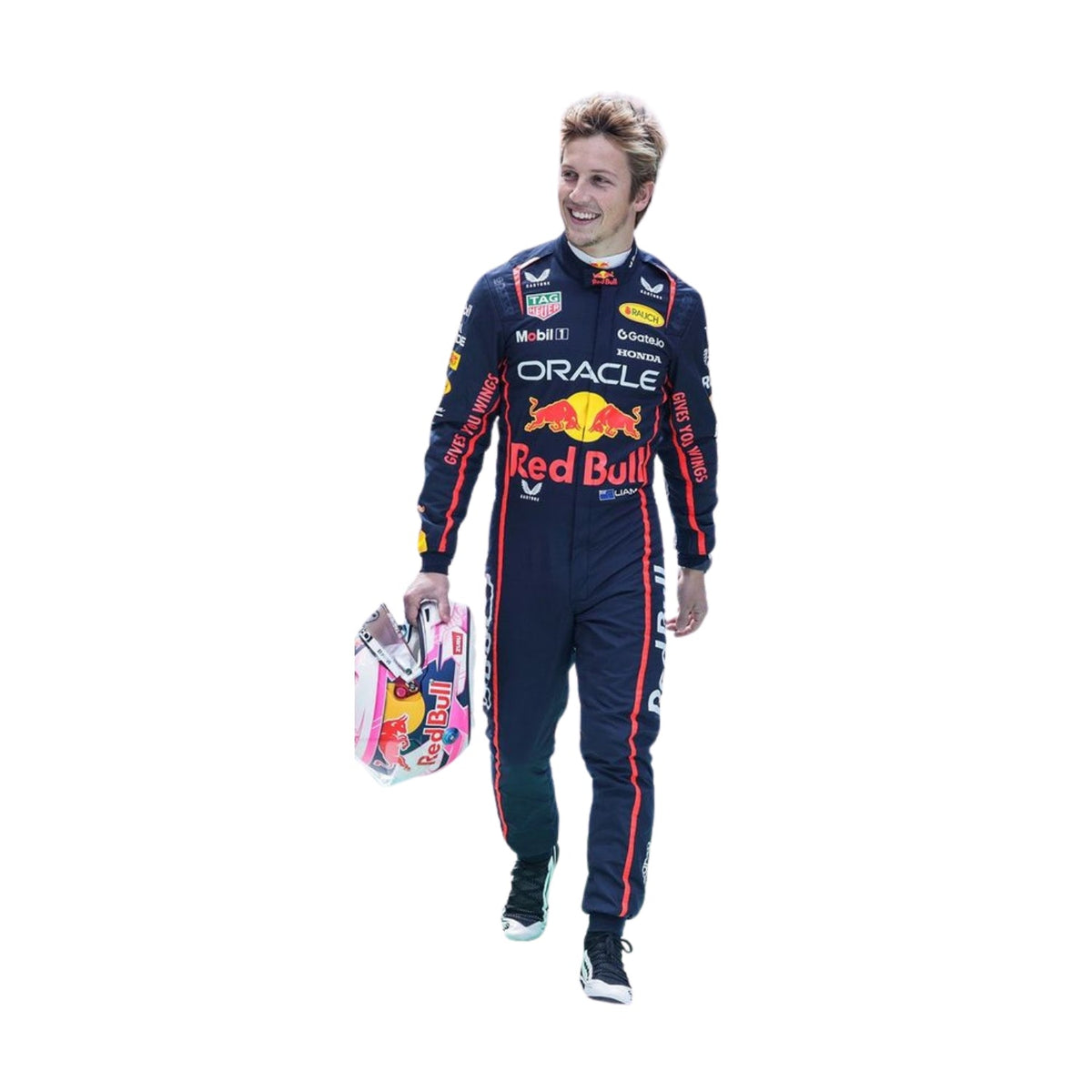 Front view of Liam Lawson 2025 F1 racing suit holding helmet in red, blue, and yellow with ergonomic design and fire-resistant, breathable fabric.

 Main image
