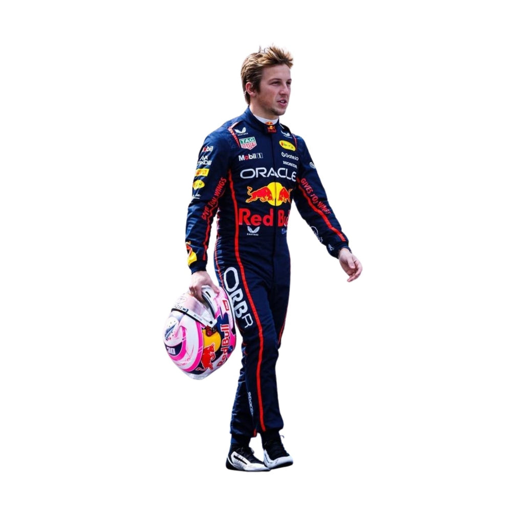 Side profile of 2025 racing costume worn by Lawson with tapered sleeve cuts, reinforced side panels, and aerodynamic mesh lining.