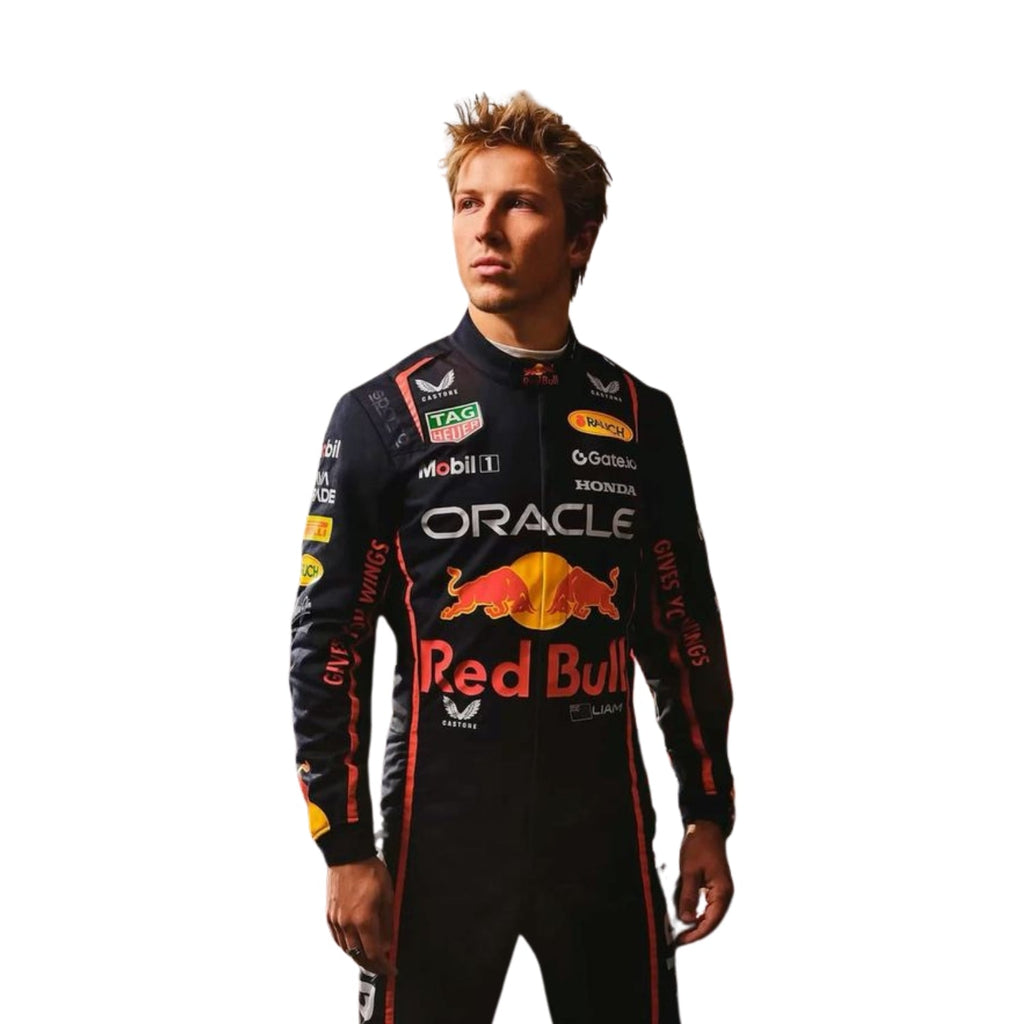 Front view of Liam Lawson 2025 F1 racing suit in red, blue, and yellow with ergonomic design and fire-resistant, breathable fabric.

