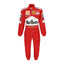 Front view of Michael Schumacher’s 2002 F1 race suit in red, featuring white accents and sponsor logos, marking his dominant championship-winning season.