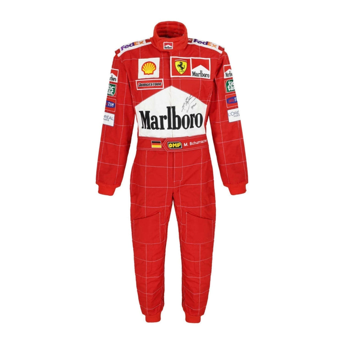 Front view of Michael Schumacher’s 2002 F1 race suit in red, featuring white accents and sponsor logos, marking his dominant championship-winning season. Main image