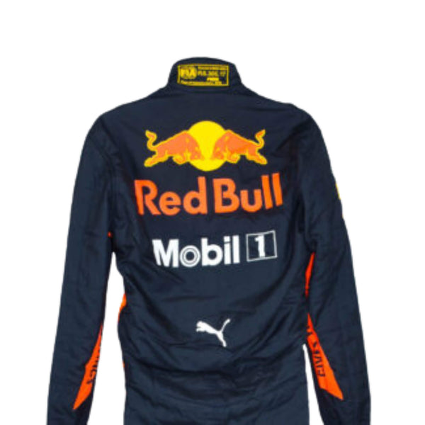 Close up back view of Max Verstappen 2019 F1 racing suit – bold and dynamic design with race-inspired elements, highly admired by motorsport fans.