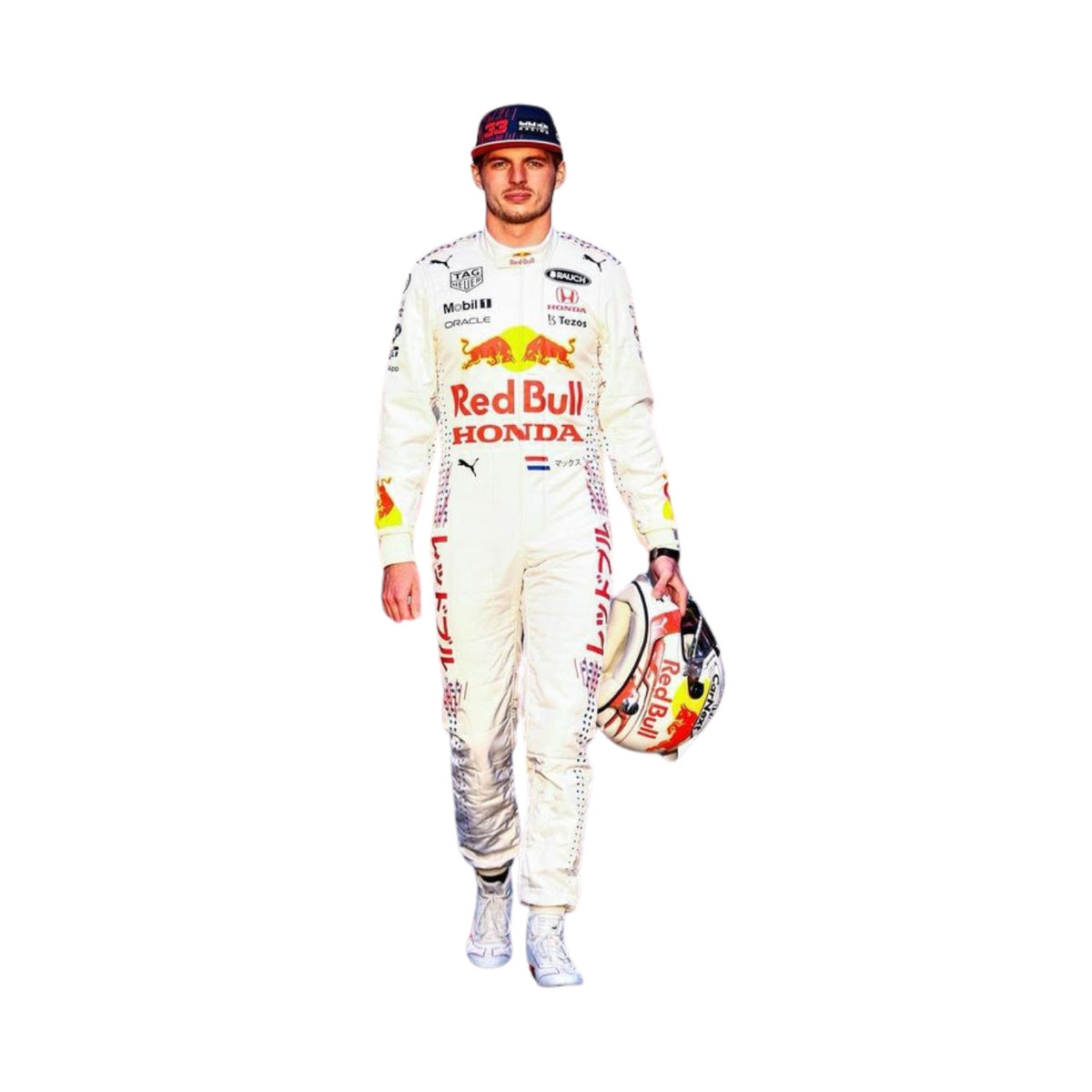 Front view of Max Verstappen’s 2021 Turkish GP F1 racing suit, displaying vibrant sponsor logos and sleek design tailored for high performance. Main image