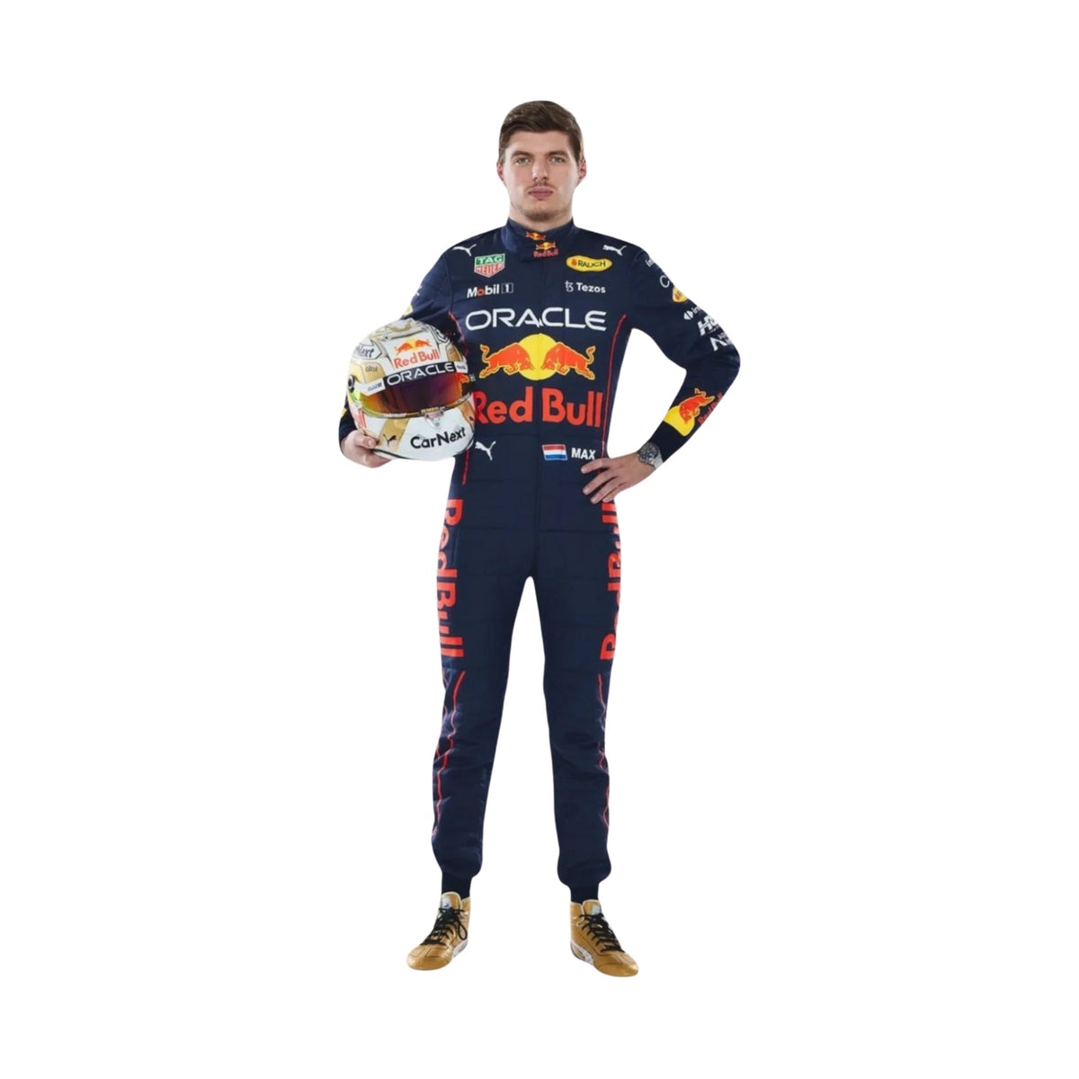 Max Verstappen 2022 F1 racing suit – front view with detailed design and race-fit styling. Main image