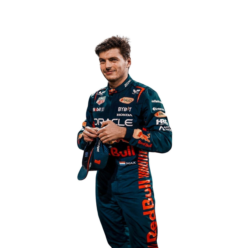 Detailed shot of Verstappen’s suit texture showing high-performance fabric with fine stitching and vivid yellow logo accents on navy.