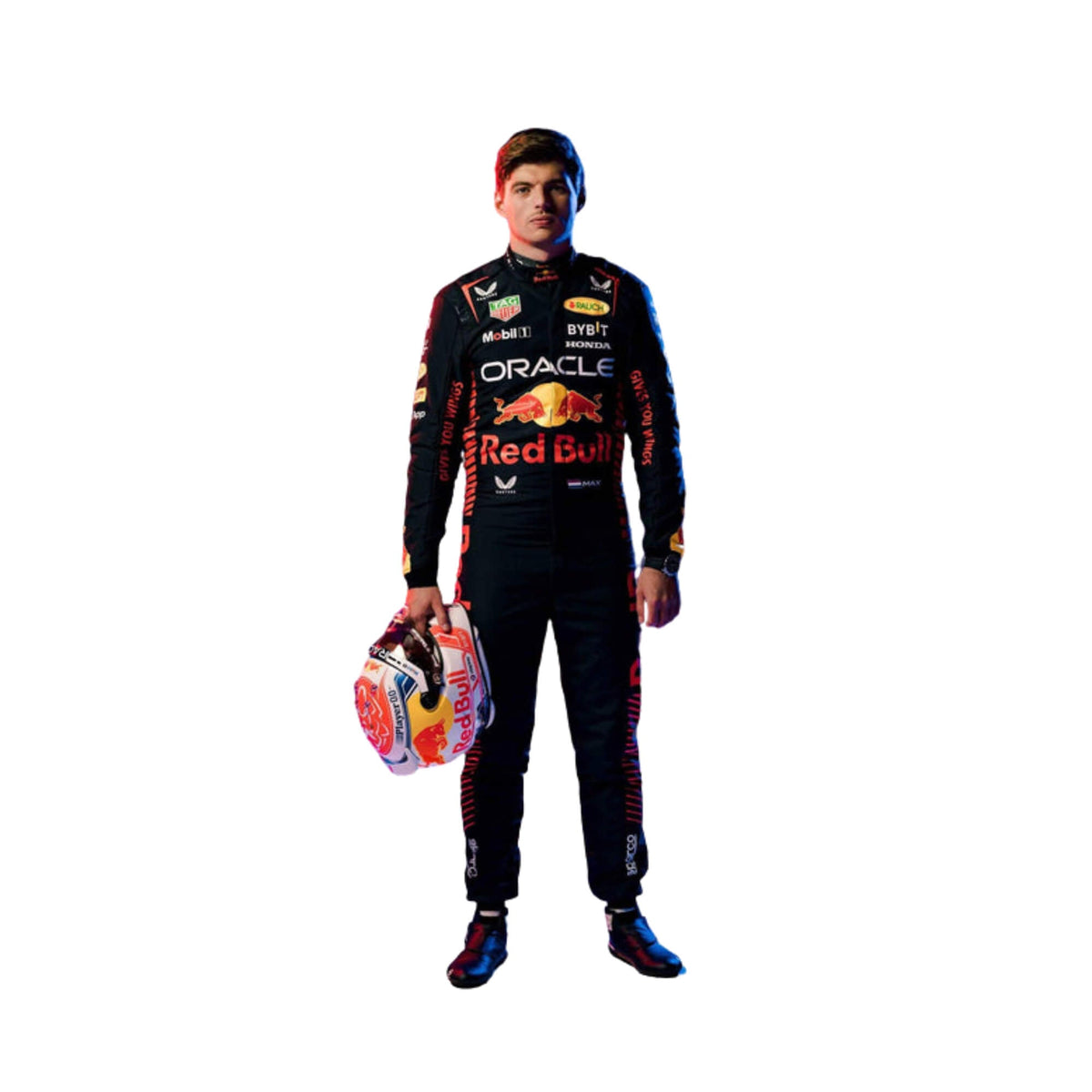 Max Verstappen's 2023 F1 racing suit in deep navy blue with bold red side panels, yellow trim, and partner branding across the chest and legs. Speedxgear Main image