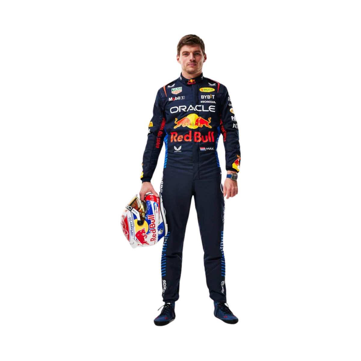 Max Verstappen in the 2024 F1 racing suit, holding a helmet and standing in front of a white background. The suit's navy blue base is complemented by red and yellow highlights, reflecting a sleek and contemporary design. Main image