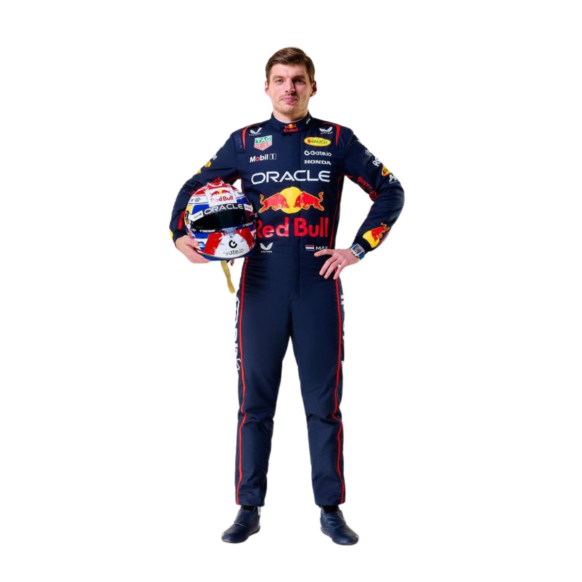 Front view of Max Verstappen 2025 holding helmet in F1 racing suit in Red Bull blue, red, and yellow with ergonomic fit