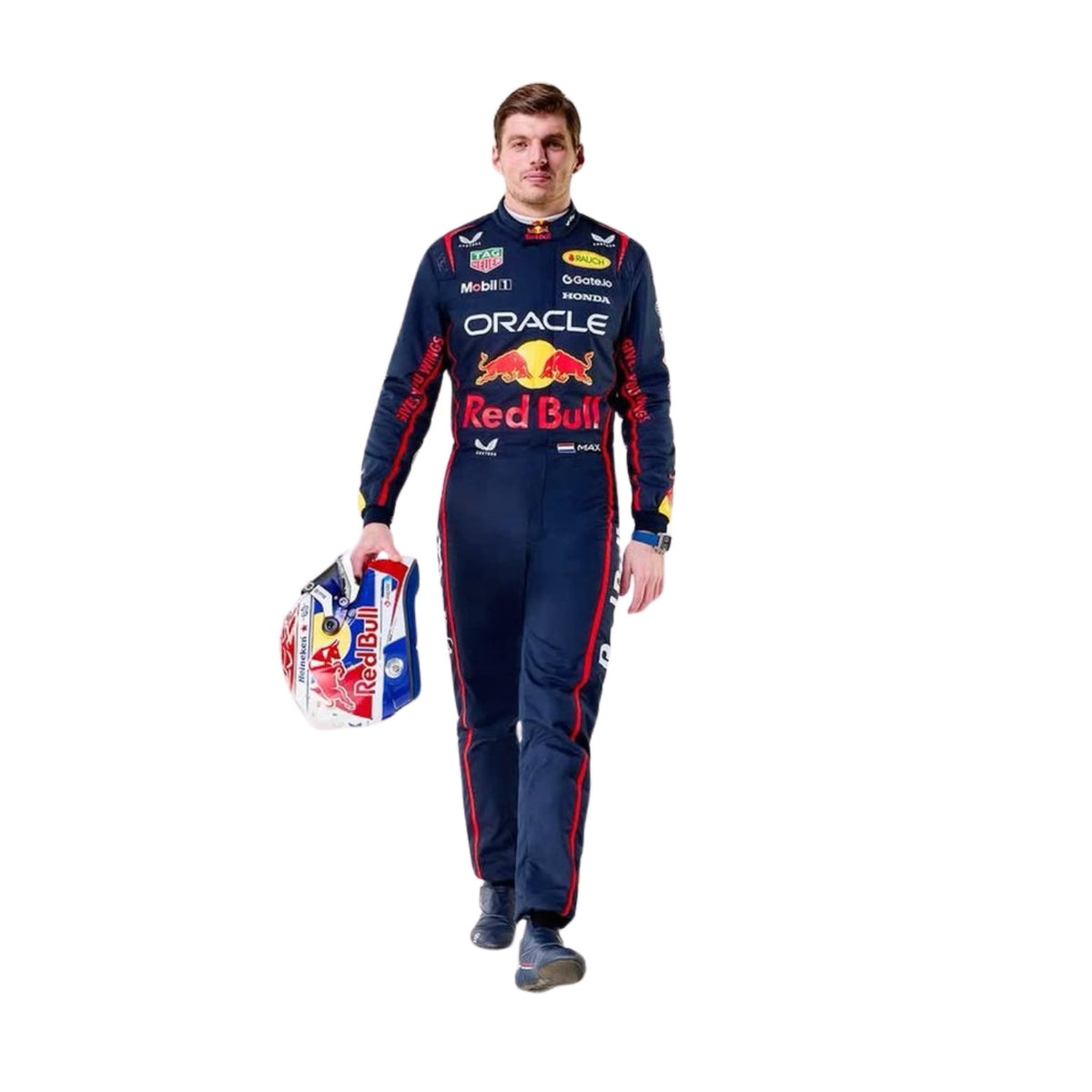 Front view of Max Verstappen 2025 F1 racing suit in blue, red, and yellow with ergonomic fit and fire-resistant, breathable fabric.

 Main image