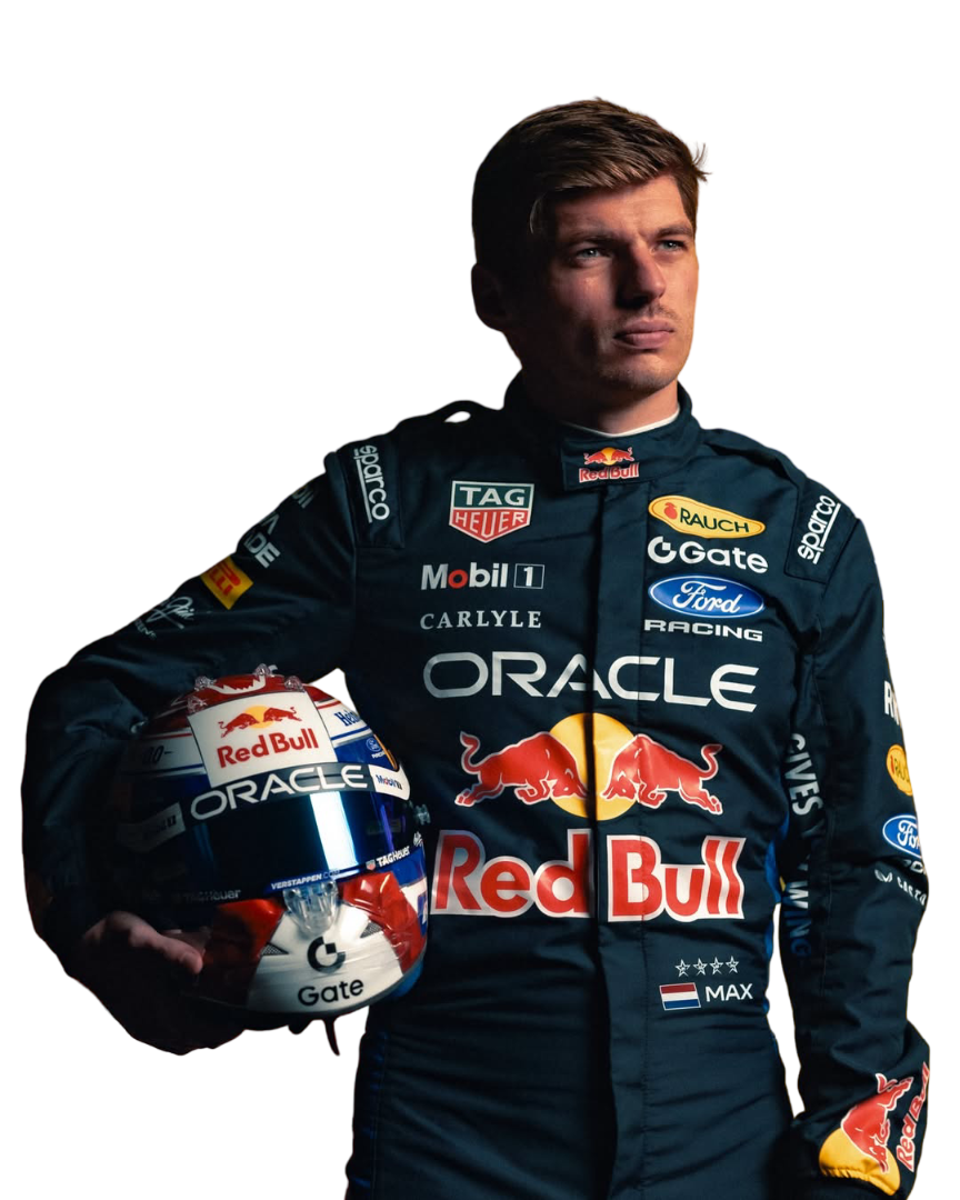 close view of 2026 F1 racing costume worn by Max Verstappen featuring aggressive contour lines, dynamic stretch zones, and precision sponsor placement in deep navy and crimson tones - Speedxgear