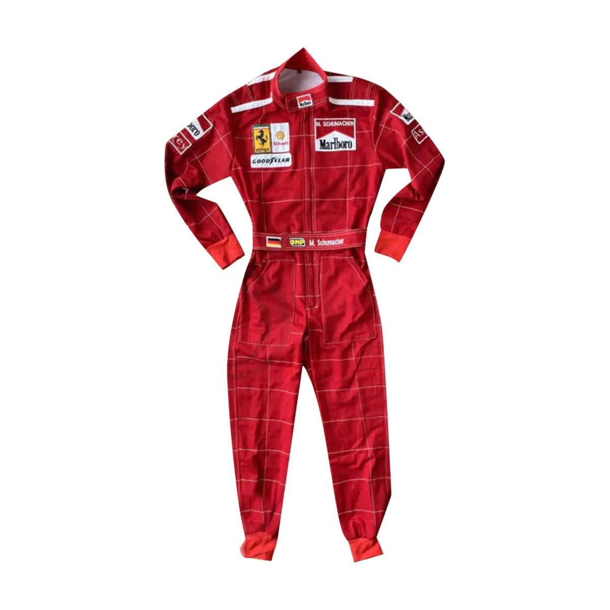 Front view of Michael Schumacher’s 1996 F1 race suit, featuring a striking red design with white accents and sponsor logos from his early years Main image