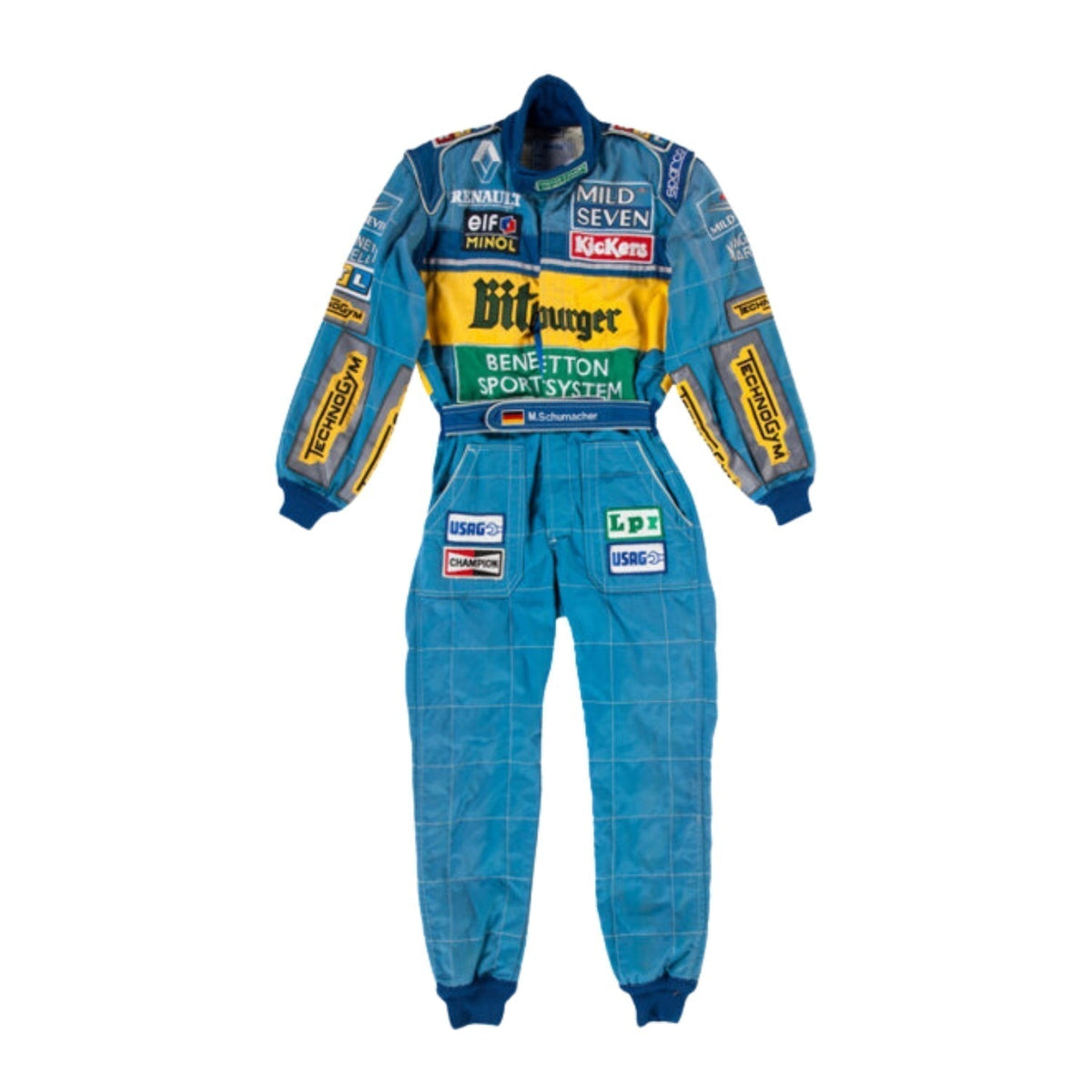 Front view of Michael Schumacher’s 1995 F1 race suit in deep blue and bright green, featuring signature Bitburger and sponsor patches from his title year. Main image